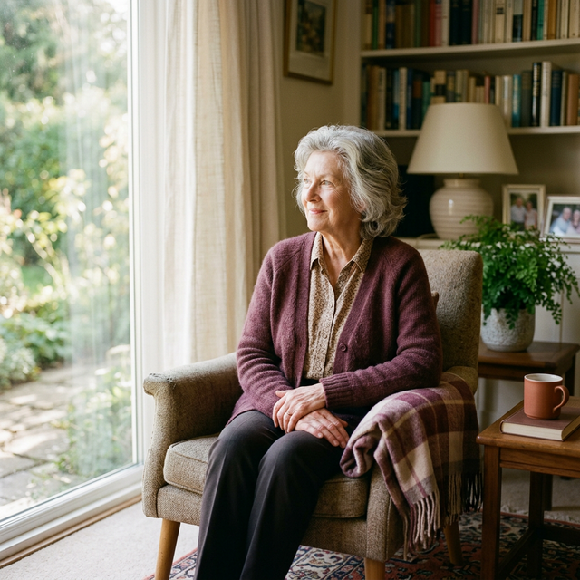 Mulher idosa serena em ambiente acolhedor