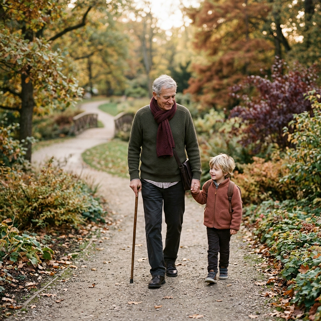 Idoso caminhando calmamente em um parque
