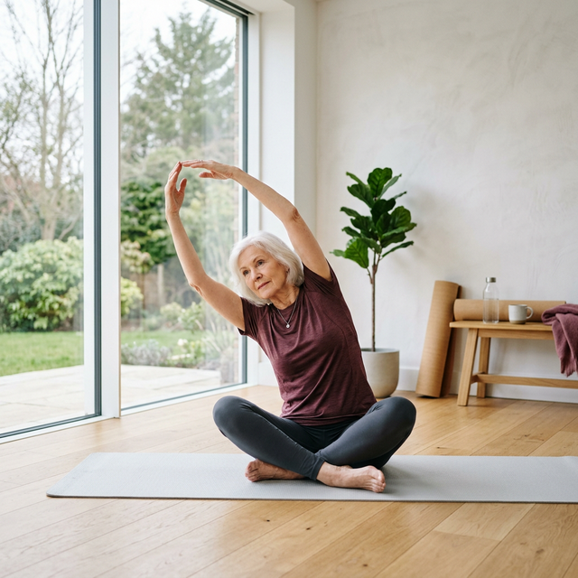 Idosa praticando exercícios leves de alongamento