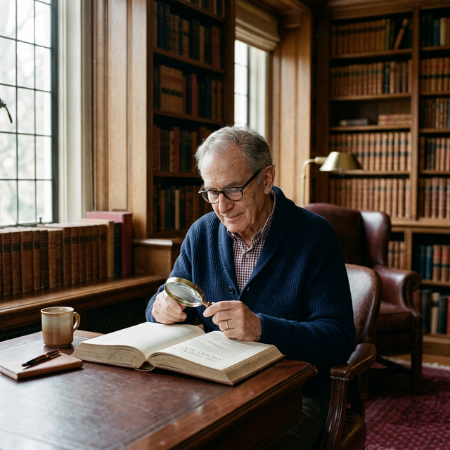 Idoso lendo com auxílio de uma lupa em ambiente iluminado